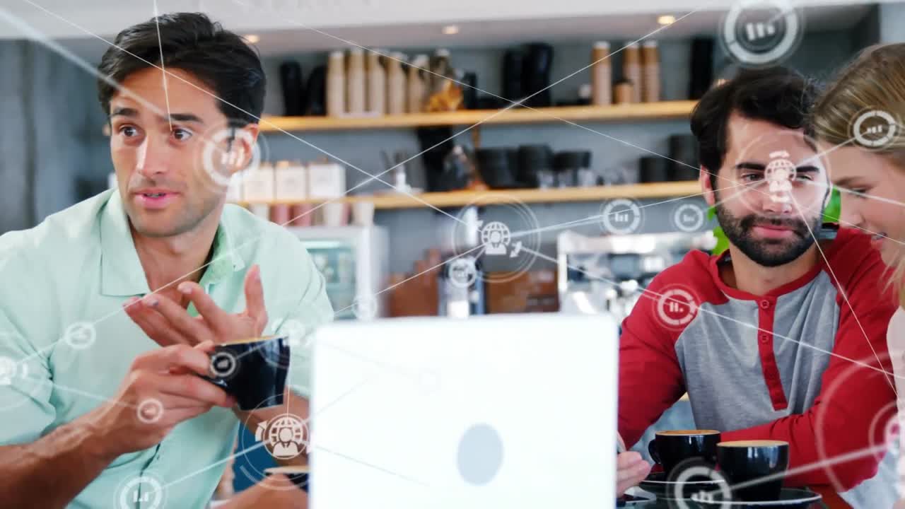 Animation of network of connections over diverse business people in office