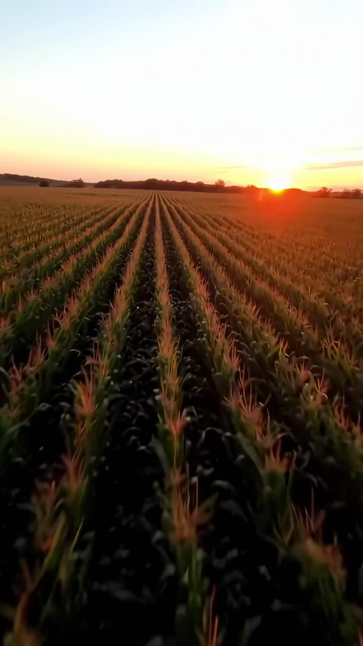 Video de dron capturando un vasto campo de maíz al atardecer, mostrando las hileras desde un ángulo aéreo