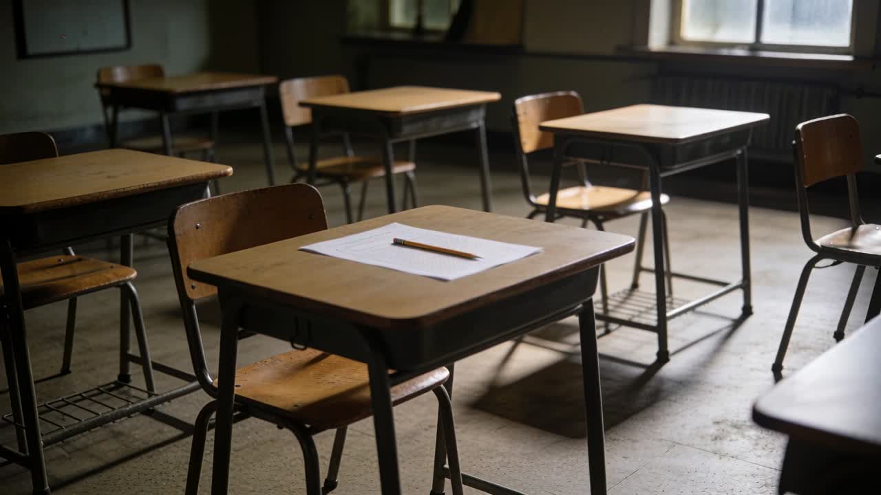 La telecamera indietreggia rivelando una scrivania di legno in un'aula con carta e una matita gialla, mostrando maggiori dettagli.