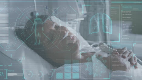 animation of data and statistics about human body over female biracial patient lying in hospital b