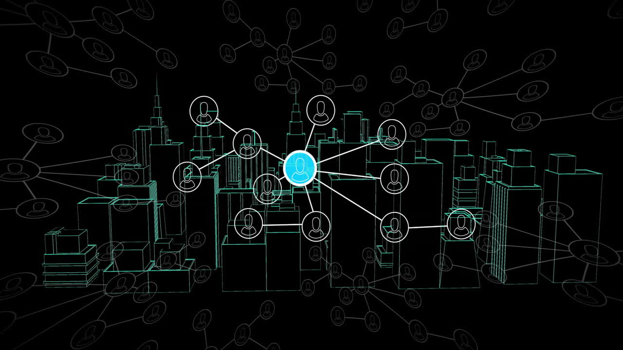Network of connections and data processing animation over city skyline