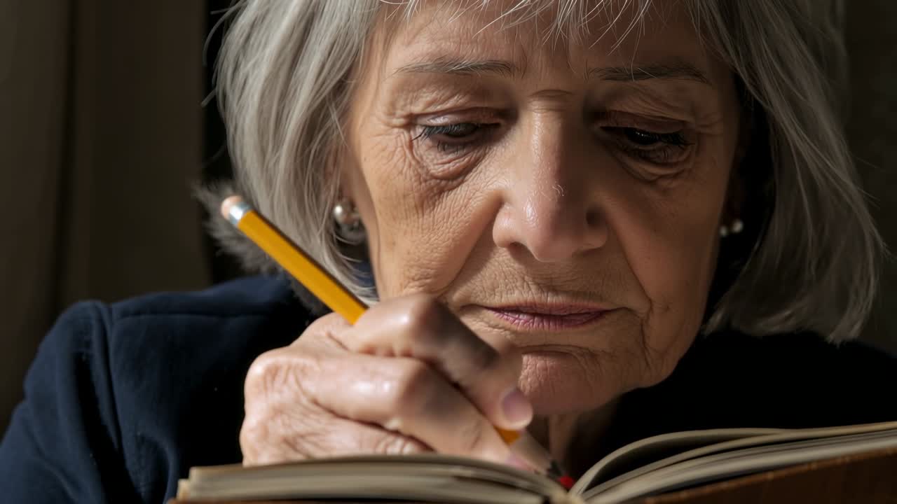 Writing senior woman wearing pearls lowering yellow pencil and journaling in notebook in dim room