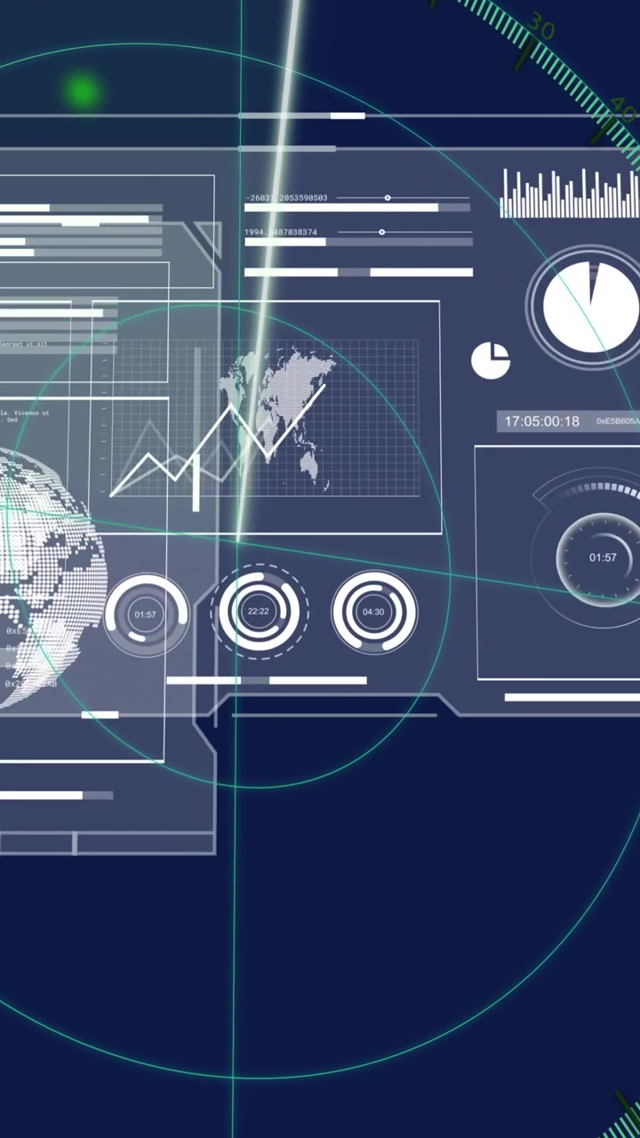 Animation of ai data processing over screens and dark background