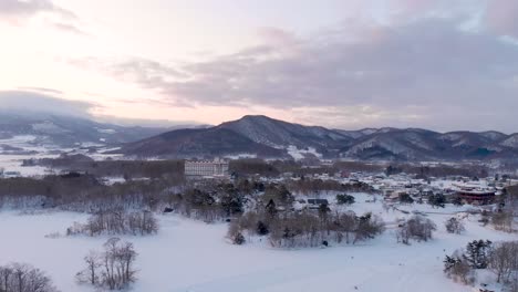 Aerial-view-of-small-village-at-Onuma-National-Park-near-Hakodate,-Hokkaido