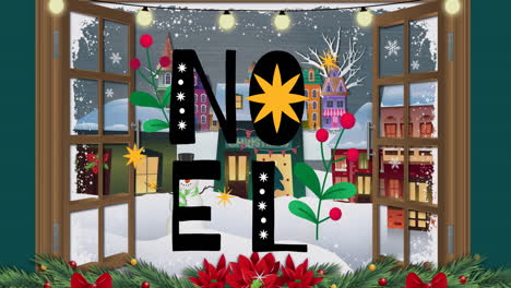 animación de saludos de navidad texto sobre paisaje de invierno con decoraciones.