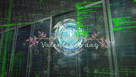 animation of happy valentines day text banner over globe and data processing against server room