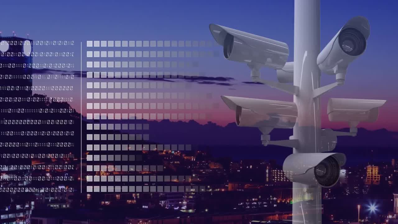 Animazione di una telecamera di sorveglianza con città sullo sfondo