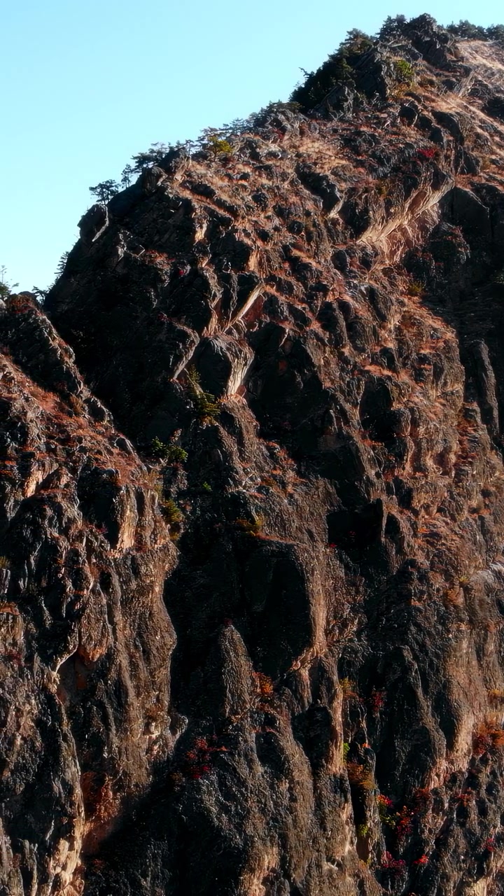 Cresta montuosa frastagliata sotto il cielo azzurro, cresta seghettata illuminata dal sole con affioramenti rocciosi, macchia alpina secca aggrappata. Media