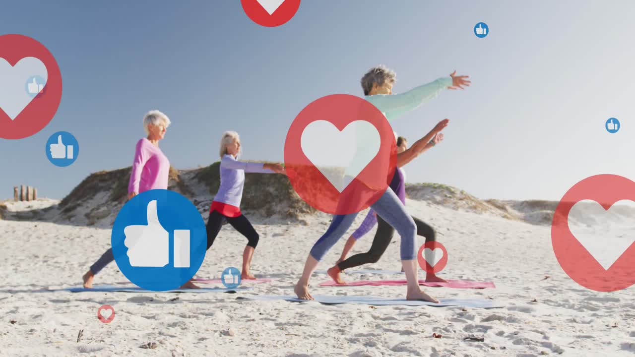 해변에서 요가를 연습하는 여성들에 대한 소셜 미디어 아이콘의 애니메이션