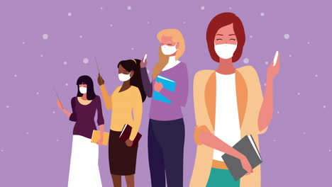 maestras que usan máscaras médicas para los personajes de covid-19