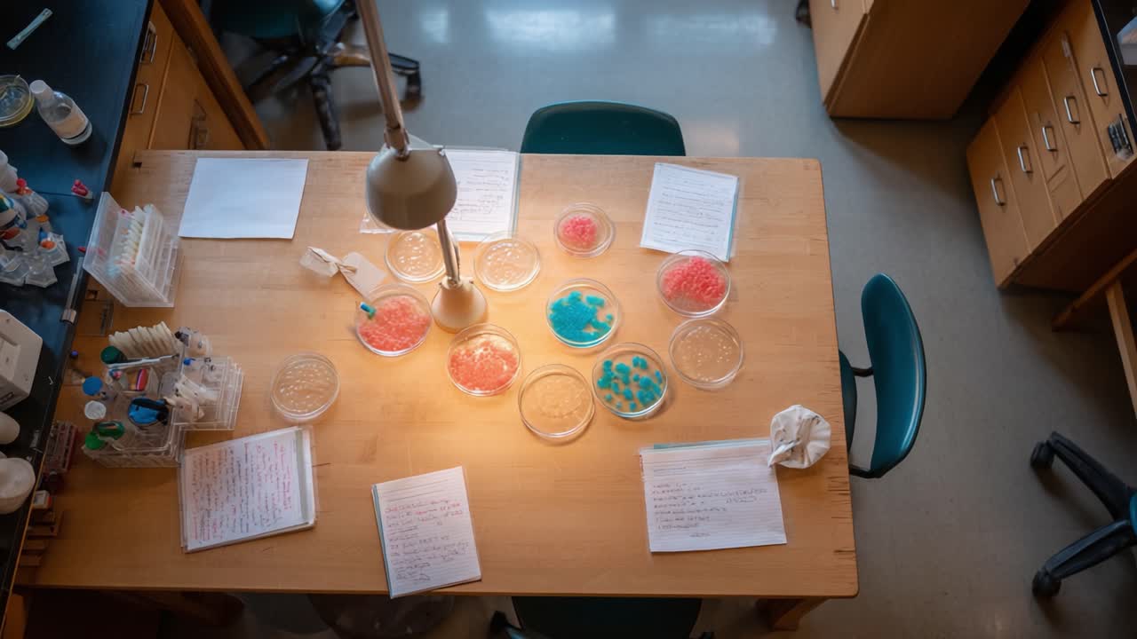 Laboratory Setup with Petri Dishes, Study Notes, and Equipment Capturing the Essence of Scientific Research and Investigation in an Educational Environment
