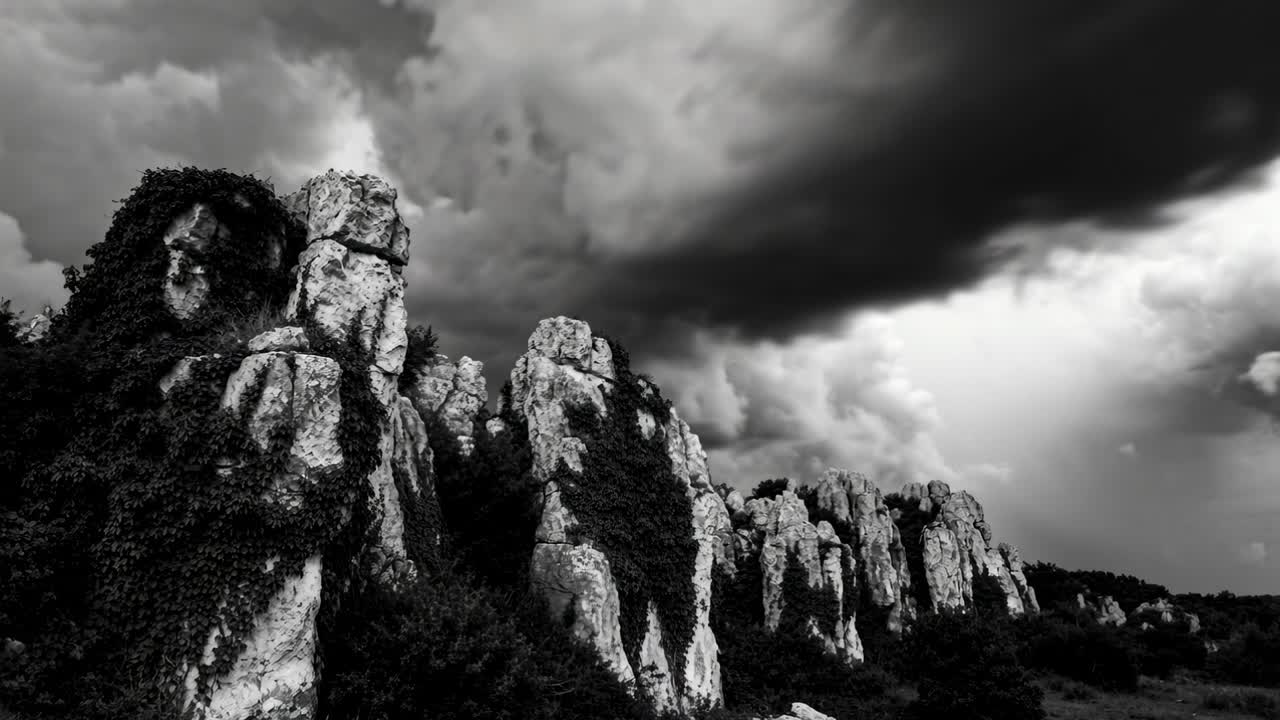 Masa de nubes en movimiento avanzando desde la derecha, oscureciendo acantilados rocosos con enredaderas durante una tormenta.