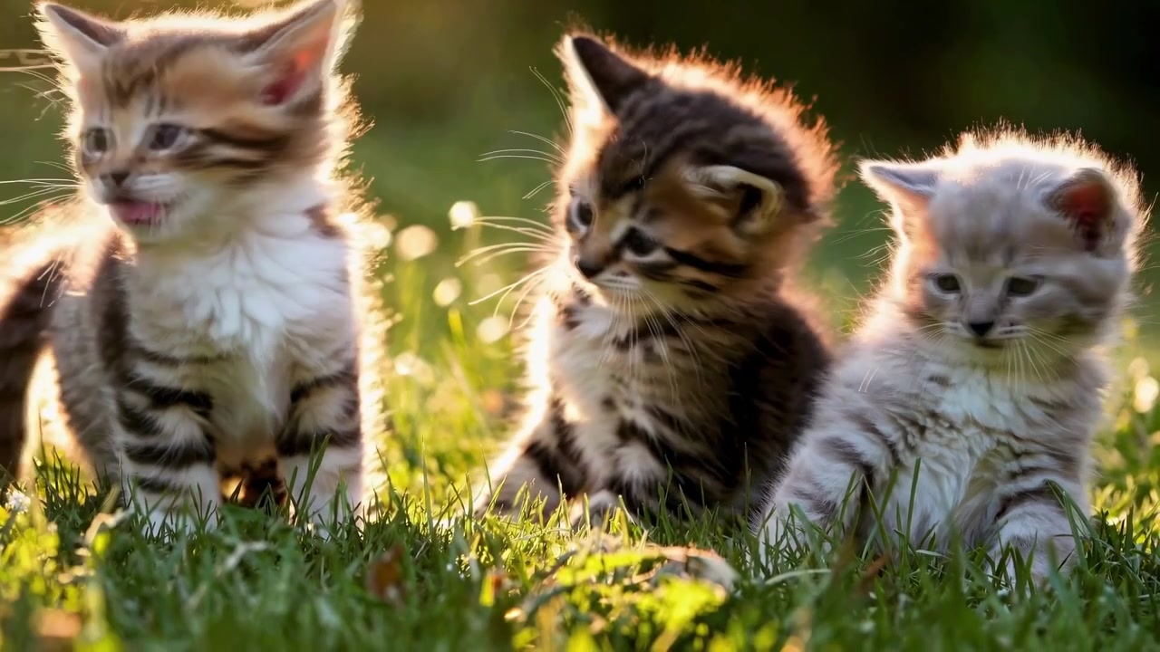 Tres gatitos adorables maullando y mirando alrededor bajo la luz dorada del sol.