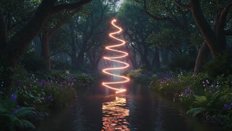 A Mystical Forest Scene Featuring a Glowing Spiral Structure Reflected in a Calm Waterway Surrounded by Lush Foliage and Vibrant Flowers