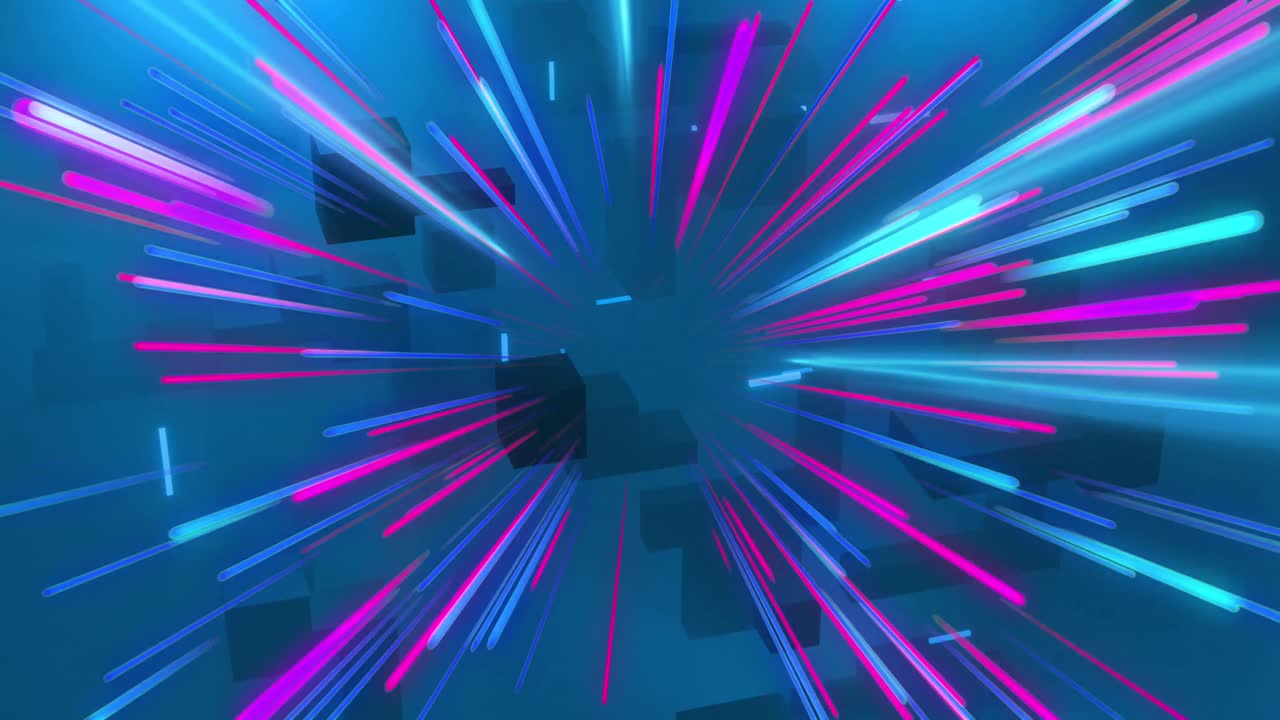 Animation of cubes and data processing over light trails of data transfer