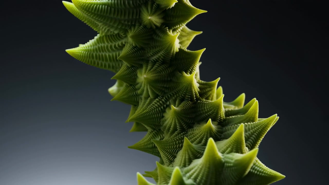Macro close-up shows vertical organic sculptural column formed from repeating pointed green nodules with concentric ridged surfaces, set against smooth dark gray gradient background with strong