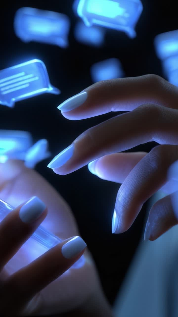 A Close-Up of a Hand Interacting with Floating Digital Message Bubbles, Symbolizing Connectivity and Modern Communication Through Smartphones