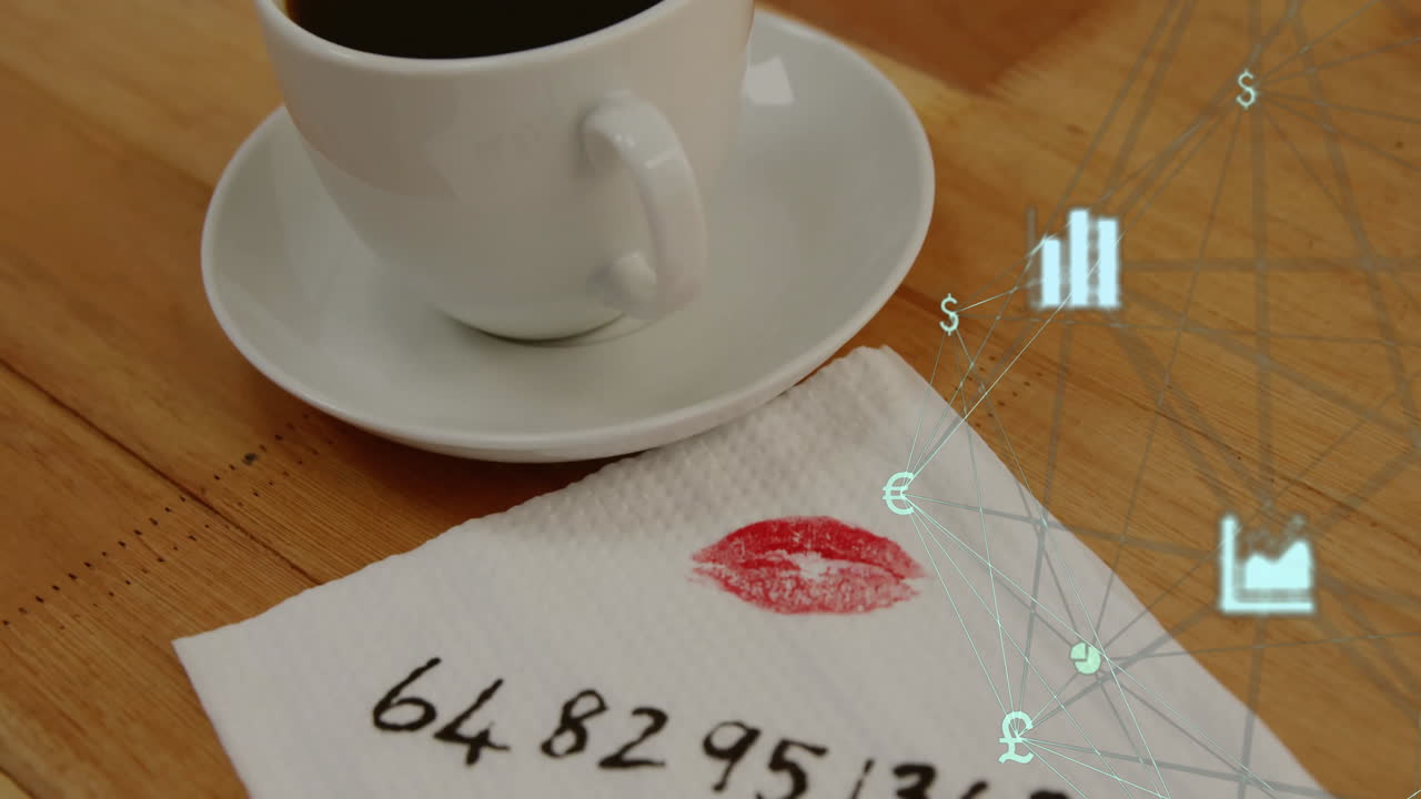 Cup and saucer sitting on tabletop, napkin showing lipstick mark, numbers, digital currency symbols