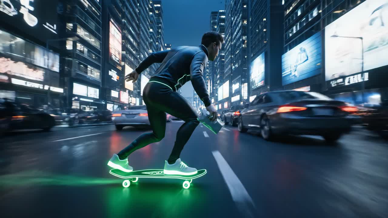 Skateboarder in a futuristic city at night
