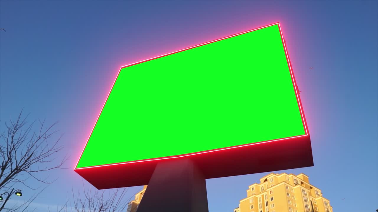 도시, 도시 생활에 대한 녹색 스크린 광고판, 빈 광고 패널, 마케팅을 위한 배너, 크로마 키 빈 표지판.
