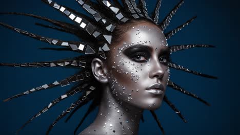 a stunning portrait of an artfully designed model with reflective accents, spikey hairdo, and silver makeup against a deep blue background, capturing a unique aesthetic vision