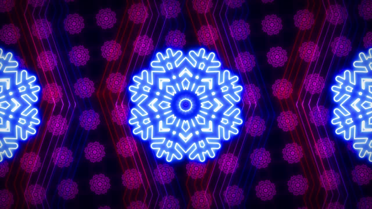 Caleidoscopio neon colorato e ghiacciato. Design frattale a fiocco di neve per feste e celebrazioni.