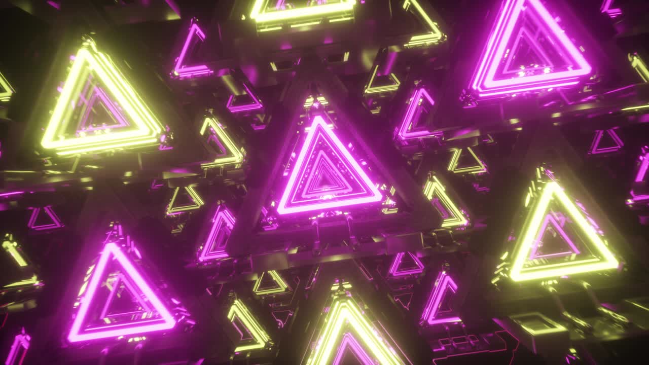 vuelo abstracto en metal corredor futurista con triángulos, bucle sin costuras fondo 4k, luz ultravioleta fluorescente, líneas de neón láser, túnel geométrico sin fin, espectro rosa amarillo, renderizado en 3d