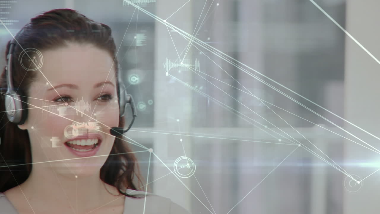 Animação de rede de conexões, estatística sobre mulher de negócios usando headsets de telefone
