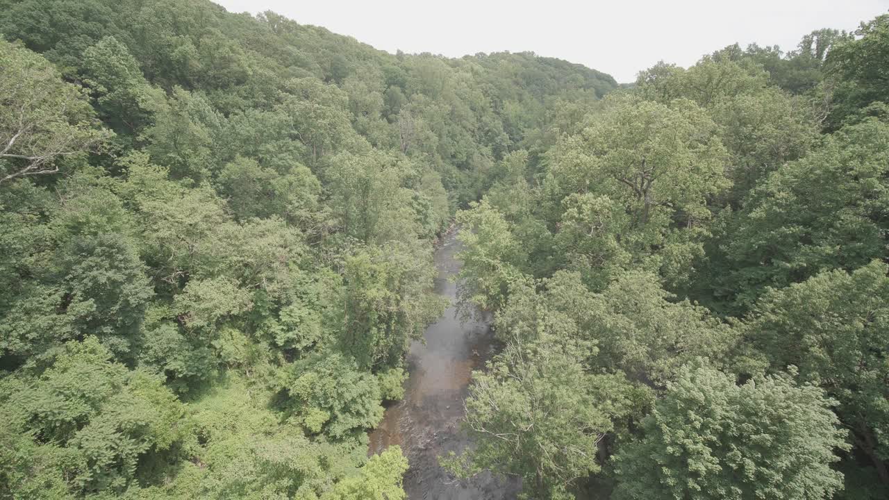 lapso de tiempo toma amplia alta del arroyo wissahickon, desde el puente de walnut lane