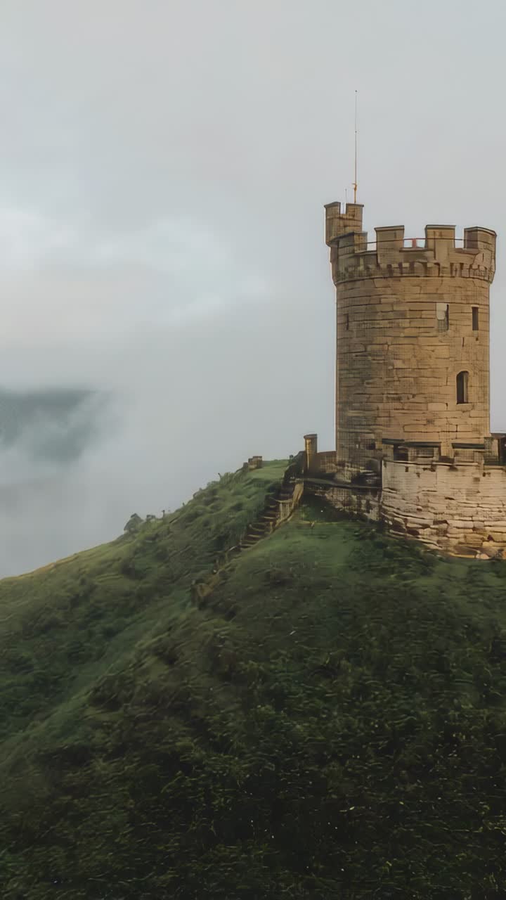 Vertical video: Drone panning turret on hilltop, revealing misty valley, mast, slits and steps