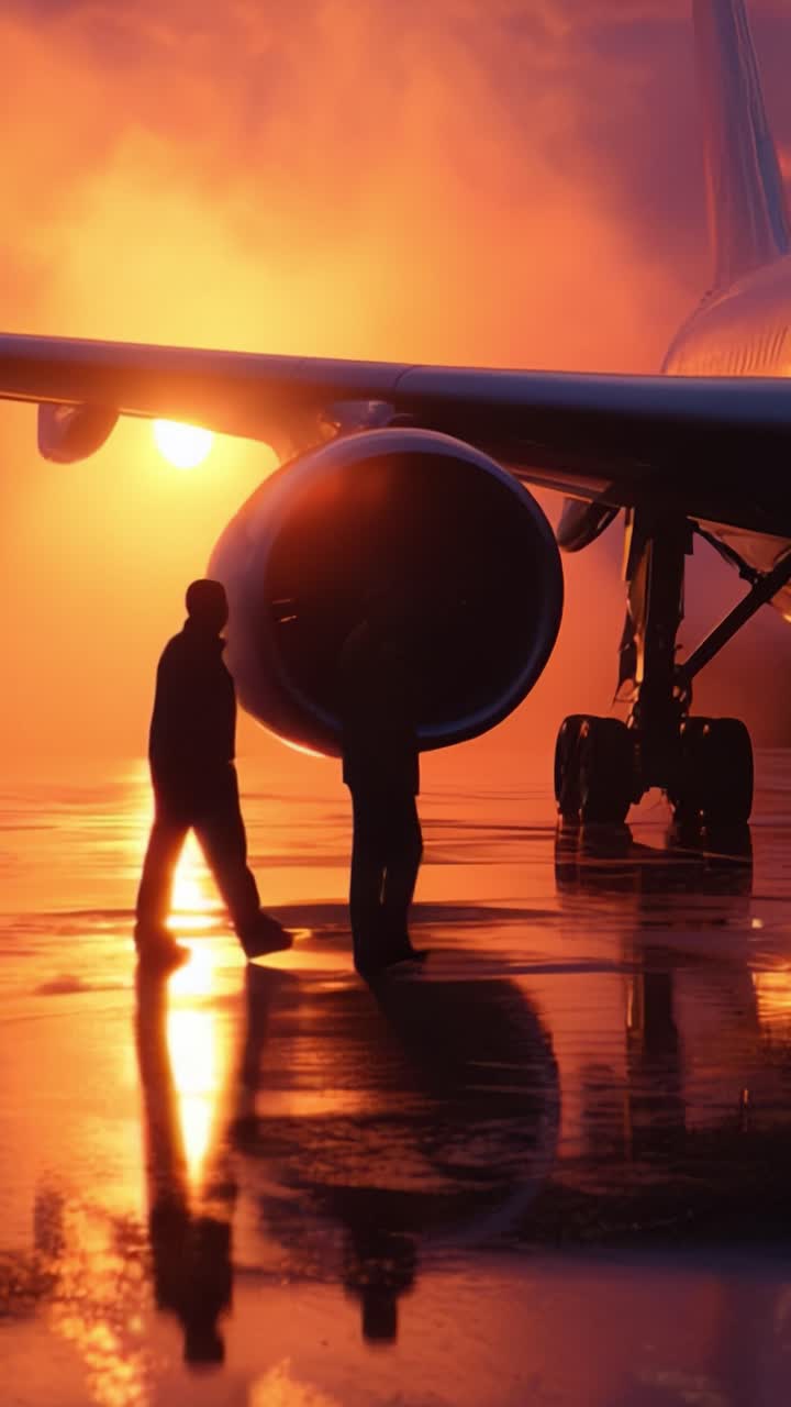 Osservazioni al tramonto: due figure in silhouette accanto a un motore a reazione sotto un cielo drammatico che riflette colori vivaci, catturando l'essenza dell'aviazione al crepuscolo.