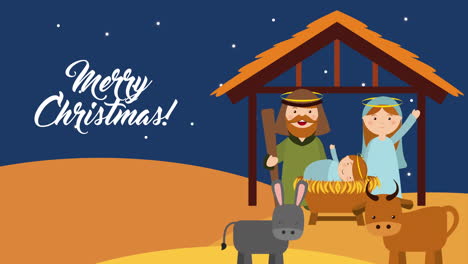 merry christmas manger scene with hplly family in stable