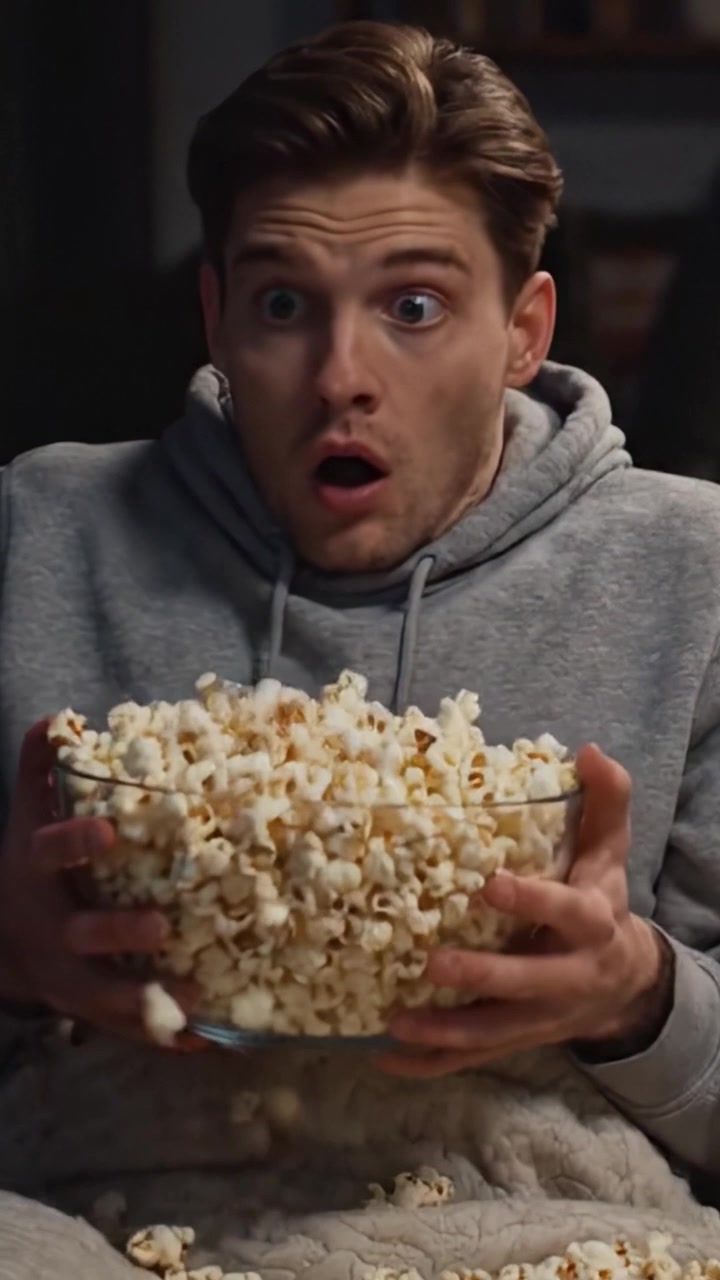 Un giovane sorpreso con una felpa grigia si gusta una grande ciotola di popcorn mentre guarda un video coinvolgente in un ambiente accogliente