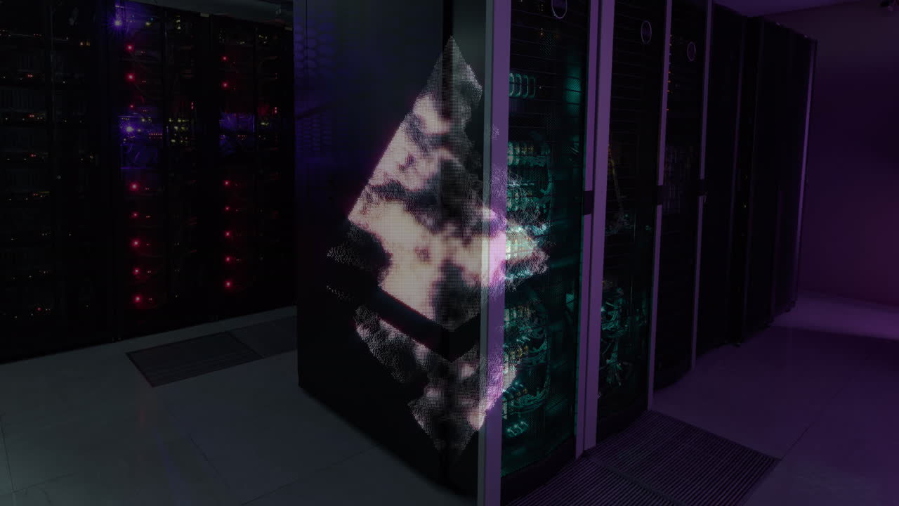 Animation of ethereum symbol over server room