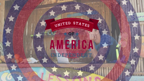 animation of american flag circles, united states of america independent text, man in beach bar