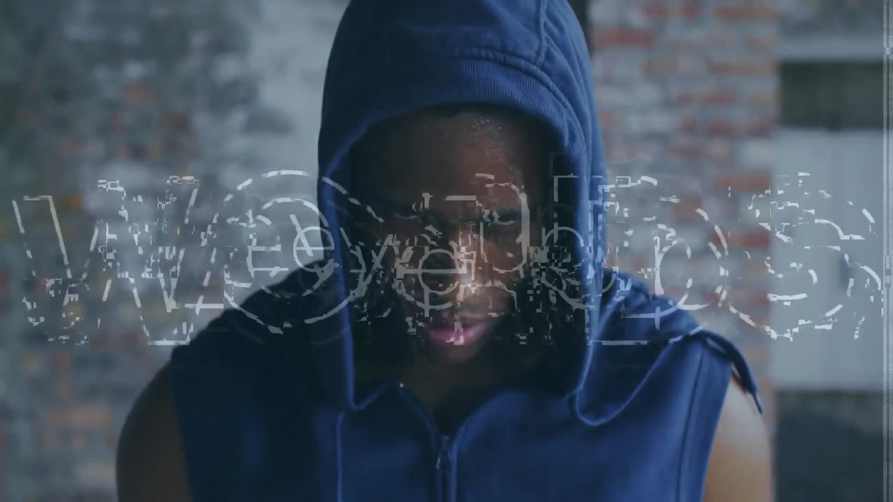 animación del texto de nivel superior sobre el deportista afroamericano en el gimnasio