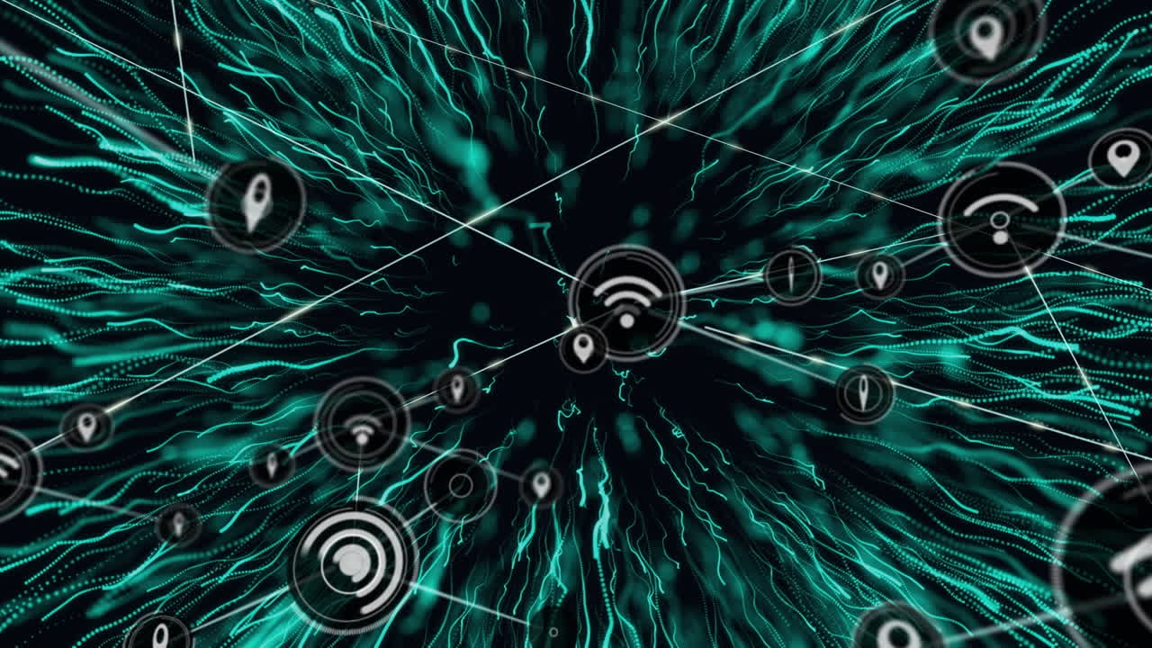 Animation of network of connections with digital icons over green explosion