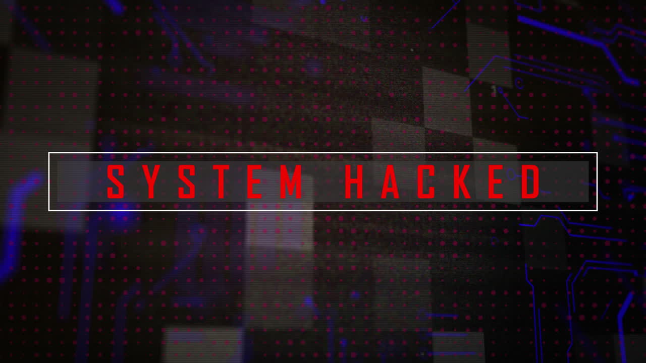 Bold red System Hacked text over digital animation with pixelated patterns