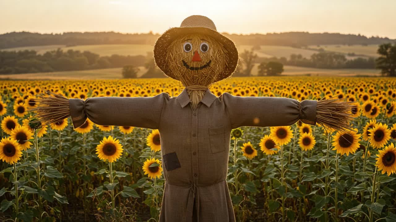A Cheerful Scarecrow Standing Among Vibrant Sunflowers at Sunrise, Emphasizing the Beauty of Nature and Agricultural Landscapes with a Bright, Whimsical Atmosphere