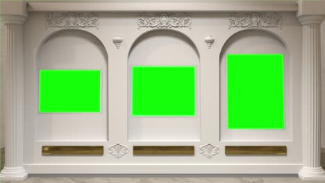 white wall with arches and green screens