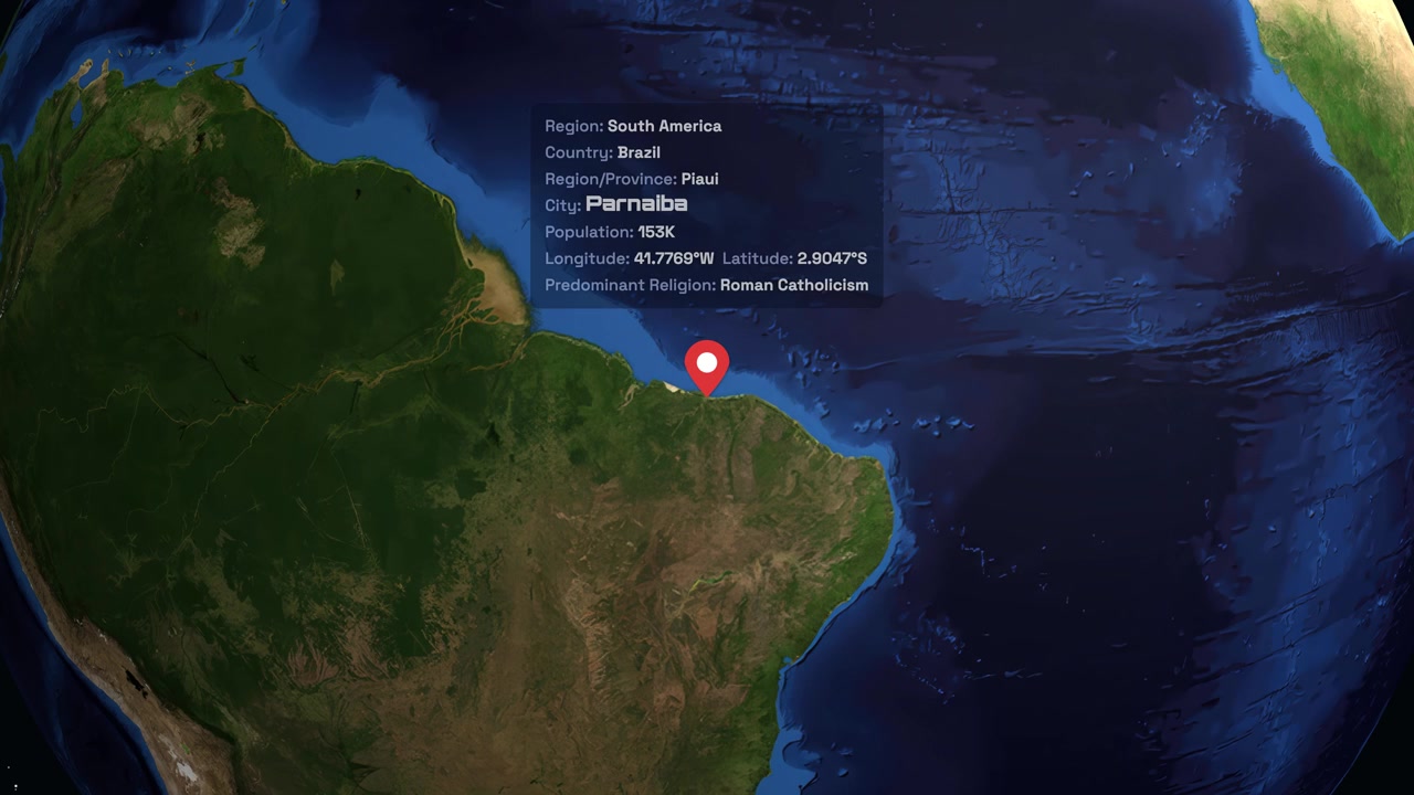 A rotating Earth zooms into South America, highlighting Parnaiba, Brazil with a digital information panel