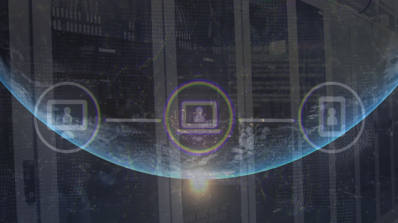 animación de teléfono, portátil, icono de computadora en diagrama de flujo, globo, puntos conectados sobre bastidores de servidor de datos