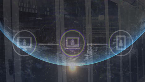 animation of phone, laptop, computer icon in flowchart, globe, connected dots over data server racks