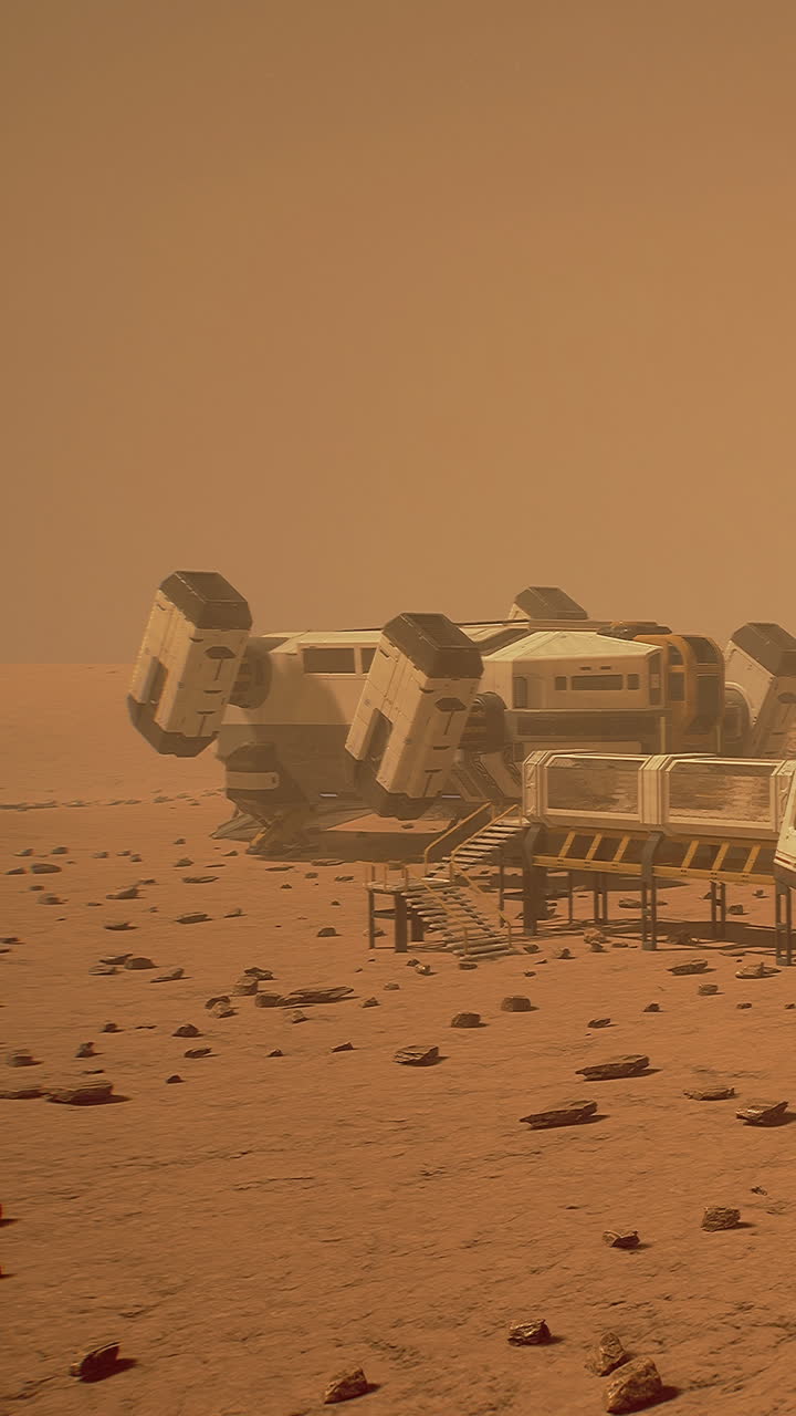 Mars base with structures and rovers under a dusty sky in a distant future