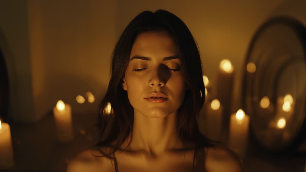 Donna adulta che medita seduta in una stanza illuminata da candele tremolanti e uno specchio, alla ricerca della calma