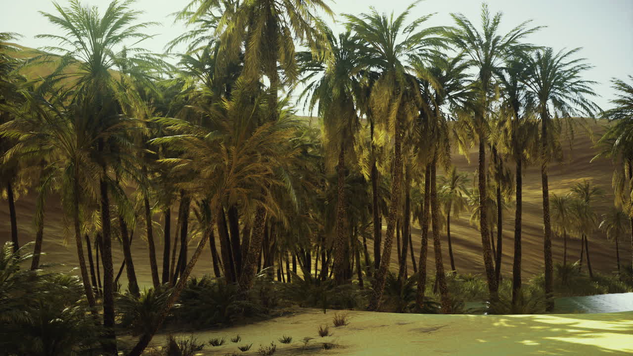 Lush palm trees thrive in a sunlit desert oasis surrounded by sand dunes