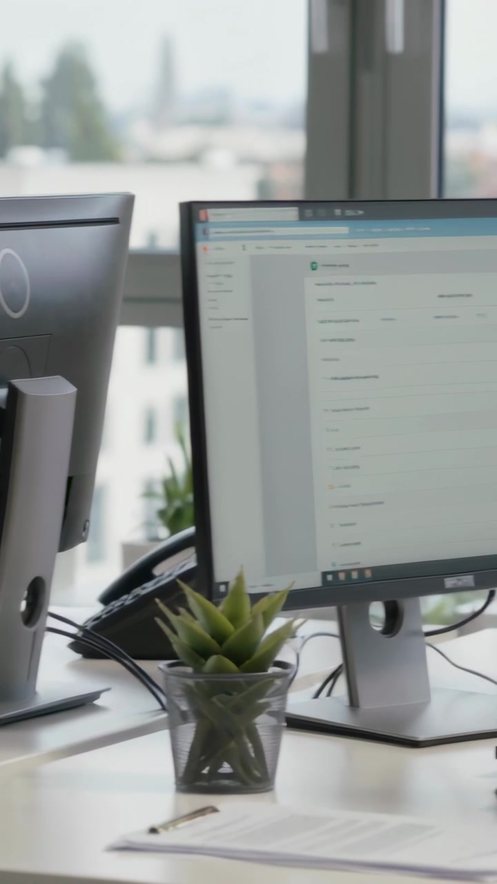Vertical video: Typing hands in blue cuff responding to form on right monitor at dual-monitor desk