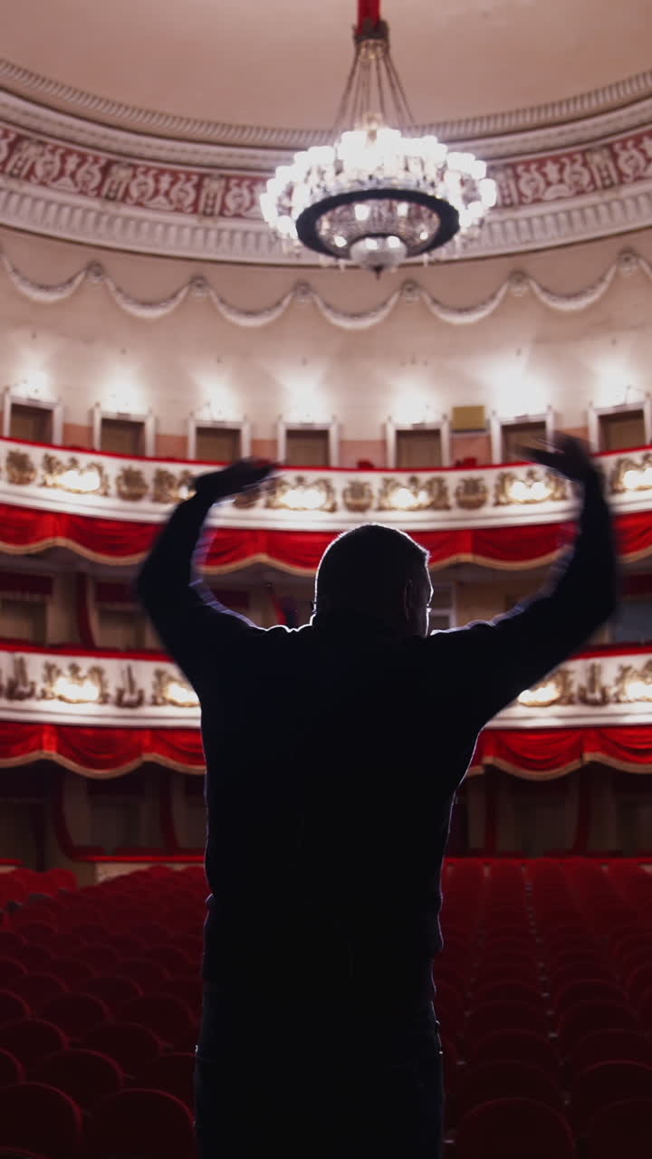 Man on stage in empty theater. Back view of an actor standing on stage and performing in a large theater without people. Vertical video