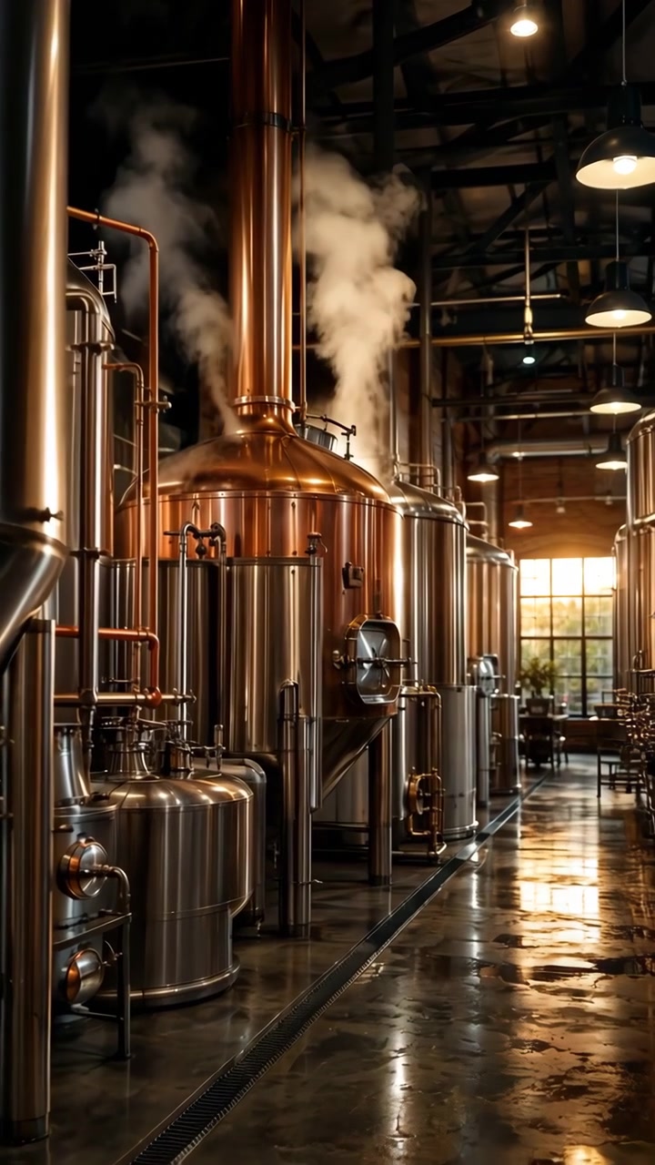 White vapor rises steadily beside tall stainless steel vessels and copper pipework as warm lamps illuminate polished machinery and reflections across dark factory floor.