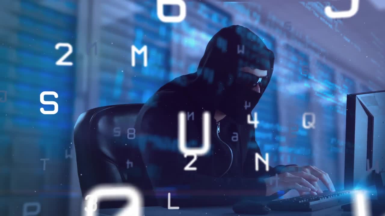 Animation of floating numbers, letters and scientific data processing over man using laptop